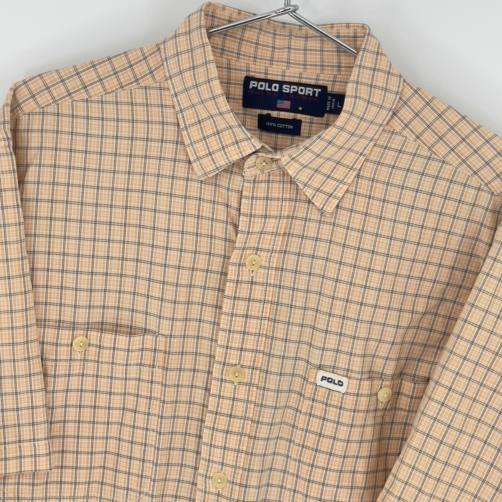 Vintage Polo Sport Tan Plaid Button Up Shirt‎ Mens Large 100% Cotton Blokecore